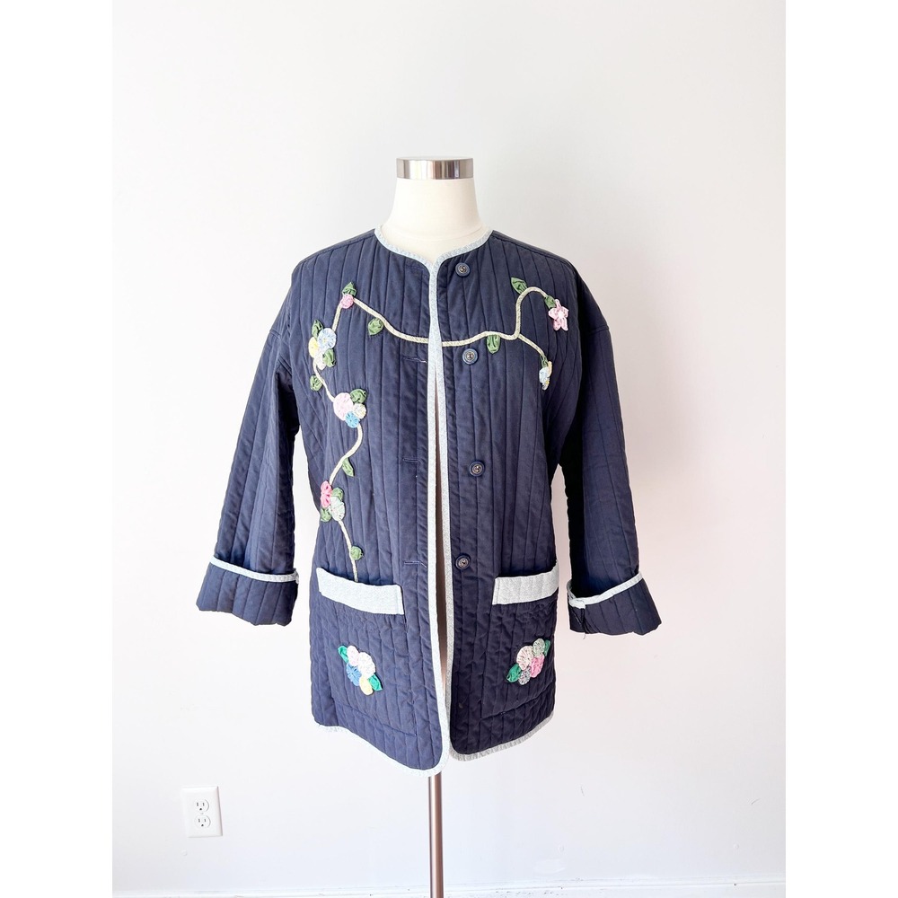 Jo Anne Johnson Quilted Jacket Navy Blue Floral Applique Yo-Yo Flower Artisan L - Picture 3 of 6